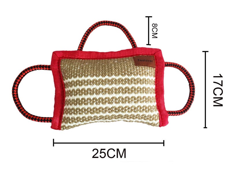 Tealover Dog Training Bite Pillow 3 Handles Jute Tug Toy for Young Dogs Puppy Interactive Playing,Red - Image 3